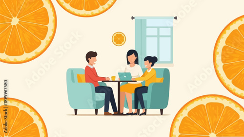 Three people sit around a table, discussing something on a laptop