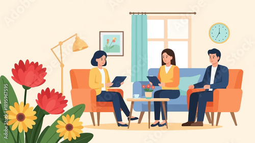 Therapy session with two clients and a therapist in a cozy room