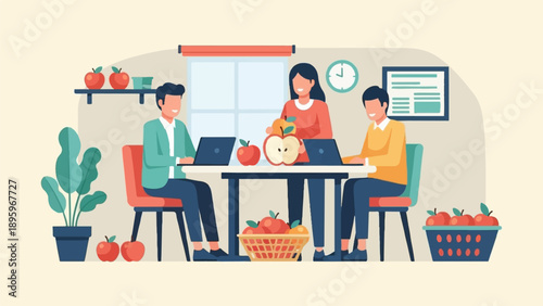 Three people sitting at a table, working on laptops, with apples