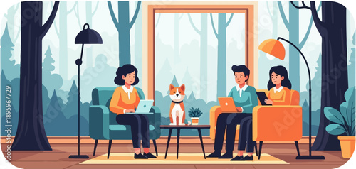 Three people and a dog in a cozy room with forest view