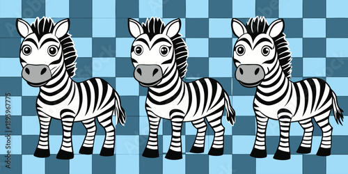 Three zebras are depicted in a black and white line art illustration against a transparent, checkered background. The zebra on the left is positioned in the center, facing the viewer directly, showcas