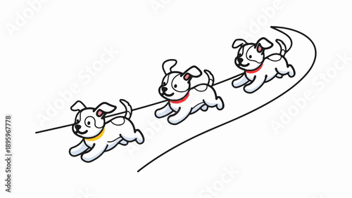 Three cartoon dogs with collars running happily on a curved path