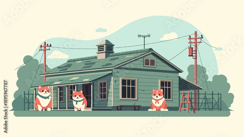 Three cartoon dogs sit outside a pixelated green house on a sunny day