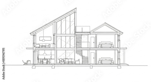 Detailed Architectural Cross-Section Drawing Illustrating Modern Home Interior Design and Structural Elements