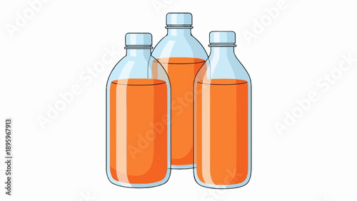 Three clear glass bottles with orange liquid and white caps