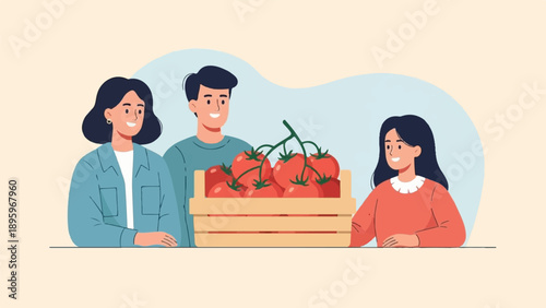 Three people smiling around a crate full of ripe tomatoes