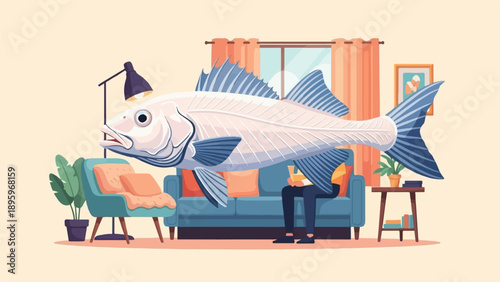 Surreal scene of a giant fish inside a living room