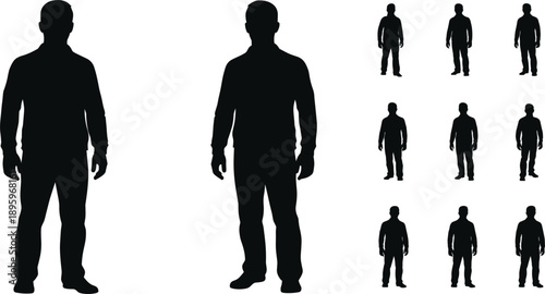 Full Body Silhouettes of Men Standing in Various Poses and Sizes on a White Background illustration