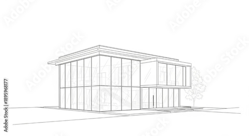 Minimalist Architectural Drawing of a Contemporary Building with Expansive Glass Facades