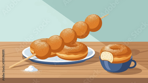 Sweet fried dough confections, some on a skewer and one in a cup