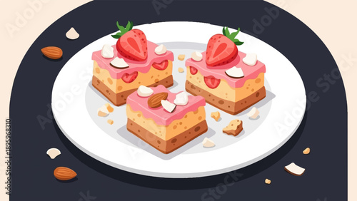 Sweet strawberry and almond layered dessert slices on a white plate