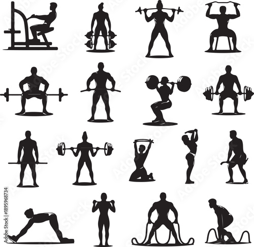 collection of black silhouettes people exercising with gym equipment