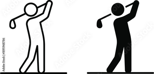 Stick figure golfer swinging club silhouette illustration showing golf sport action pose vector icon isolated black white minimal design graphic