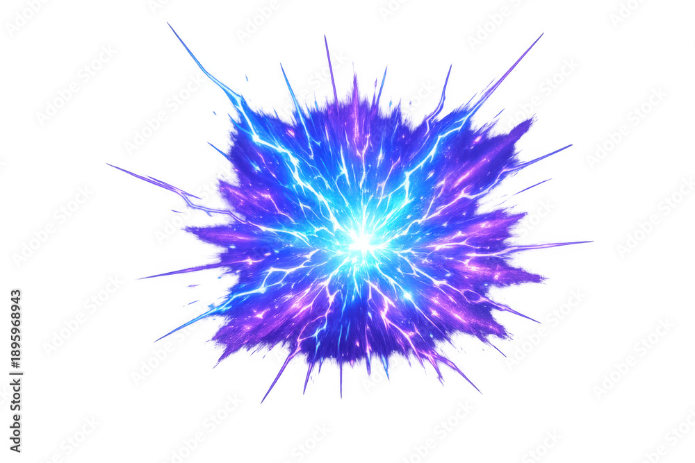 Fototapeta premium Energy burst creating dynamic blue and violet electric arcs, glowing light, and powerful magic explosion. Vector illustration