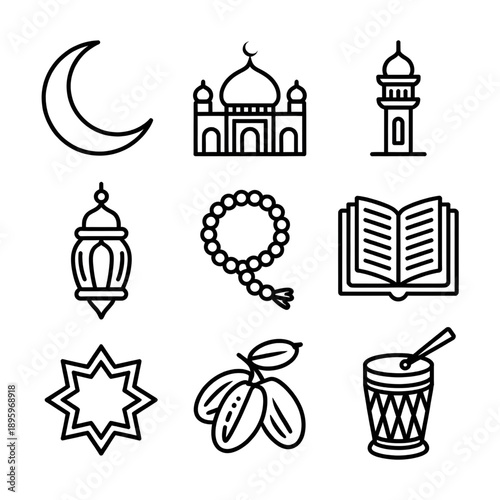 Islamic Ramadan Eid Icon Set – Mosque, Crescent, Quran, Lantern, Tasbih, Drum, Dates