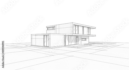Modern architectural 3D wireframe rendering depicting a contemporary residential house design sketch