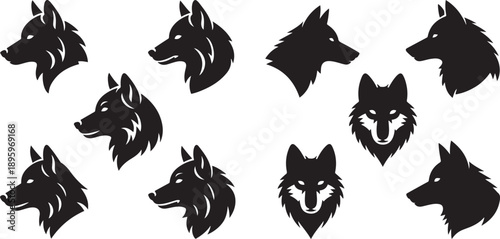 set of Wolf head . Silhouette vector icon illustration with white background