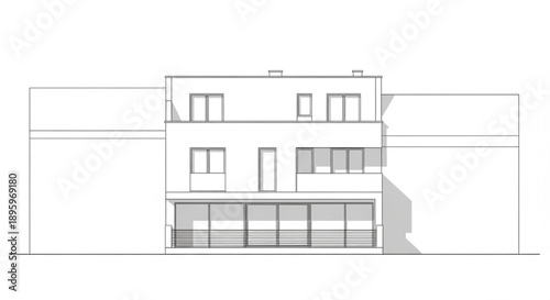 Front elevation blueprint of a minimalist modern building, highlighting clean lines and innovative architectural design for urban living spaces