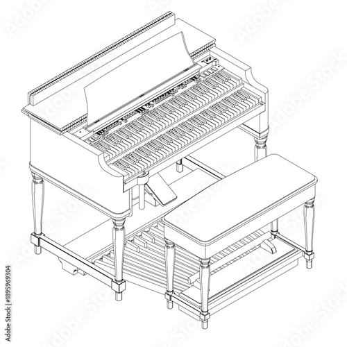 A vintage grand piano with a glossy finish and black keys sits beside a light wood bench. The bench features a curved dark wood backrest and the piano has silver pedals.