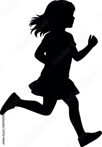 Silhouette of a young girl running with flowing hair and a short dress