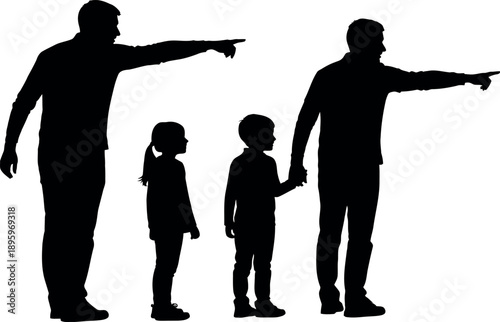 Silhouette of a divided family with parents pointing away from their children