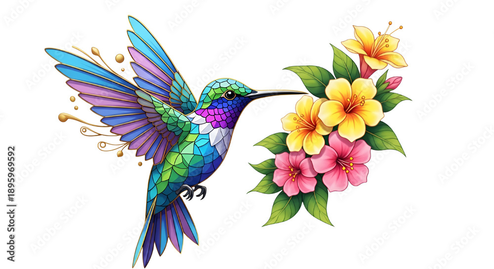 Obraz premium Vibrant hummingbird feeding from colorful flowers illustration