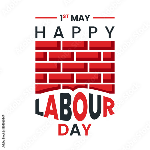 Happy labor day poster template with brick wall flat vector illustration