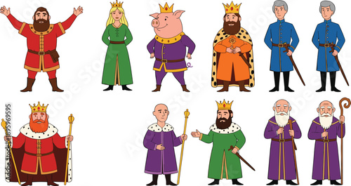 Collection of medieval royal family characters featuring kings queens princes and a pig king in colorful robes for fairytale illustrations storybook design and fantasy game assets