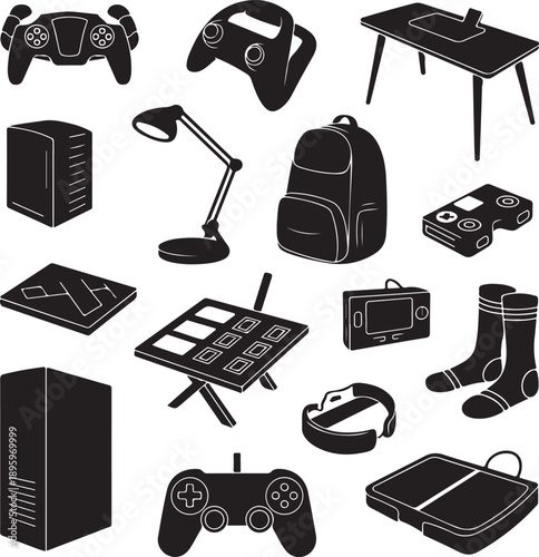 Collection of various everyday objects and gadgets on white background