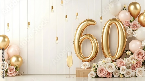 Elegant 60 Birthday Celebration with Gold Balloons and Flowers
