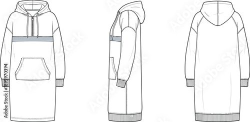 Women hooded sweatshirt dress technical fashion flat sketch front side back views vector apparel design template illustration for production use
