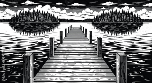 Black and white illustration of wooden dock leading across calm lake with forest reflections, serene nature landscape, scenic wilderness line art style vector design