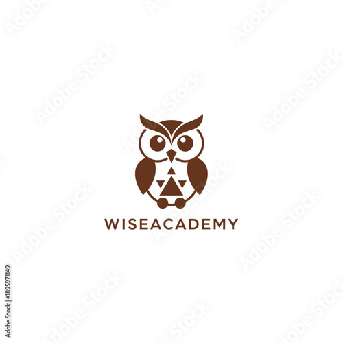 Cute brown owl with geometric body pattern icon for professional education and online learning tutoring services identity logo WISEACADEMY