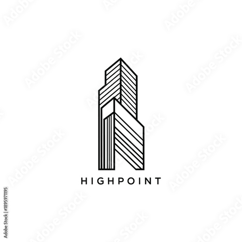 Minimalist line art skyscraper tower icon for professional urban real estate and modern architectural construction company logo HIGHPOINT