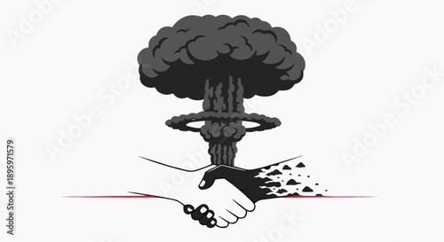 Nuclear Bomb Explosion Over Shaking Hands Symbolizing Destruction and Peace Treaty