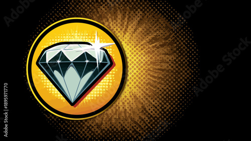A stylized diamond jewel icon in a circular frame, set against a gold and black dot/radial burst background