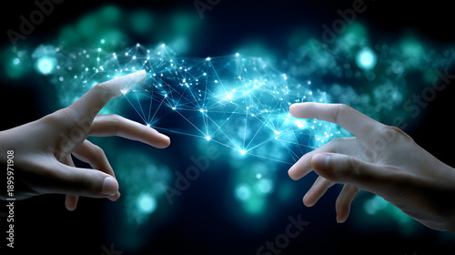 Billede på lærred Hands connecting through digital network with glowing connections
