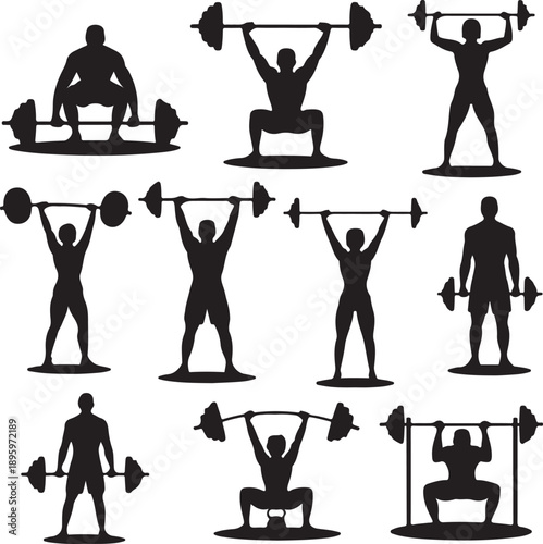 silhouette of people lifting weights in various positions and exercises