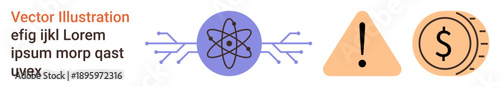 Science, education, caution, finance, decision-making, problem-solving. Atom icon, warning sign and dollar coin symbols arranged in a sequence. Science and caution-related concepts illustrated