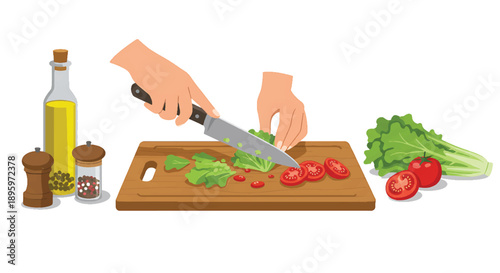 Hands chopping fresh vegetables on cutting board for healthy cooking