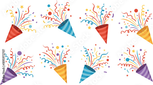 Collection of colorful party popper icons with exploding confetti and streamers in a flat vector style for birthday celebrations New Year and festivals.