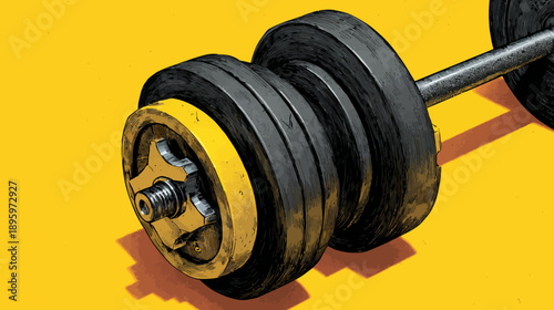 A grayscale barbell with yellow details on a yellow background, casting a brown shadow