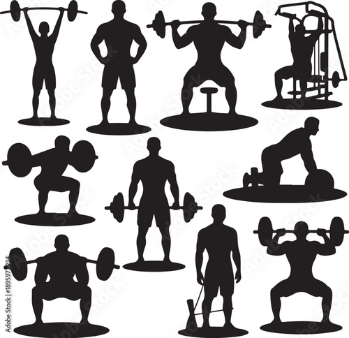Silhouettes of men exercising with weights and machines in gym