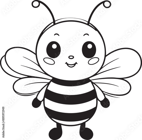 Adobe Illustrator Artwork of Smiling Cartoon Bee with Rosy Cheeks. A friendly black-and-white cartoon bee with large eyes, rosy cheeks, striped body, and playful wings.