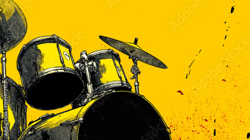 A vibrant illustration showcasing a drum kit rendered in bold yellow and black, with a splattered background