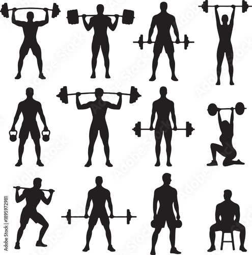 Silhouettes of men exercising with weights in various poses