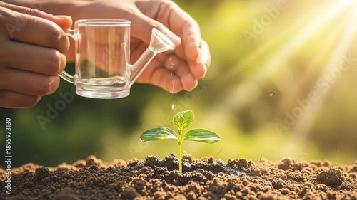 Wallpaper Mural Hands Gently Watering Small Seedling in Fertile Soil Torontodigital.ca
