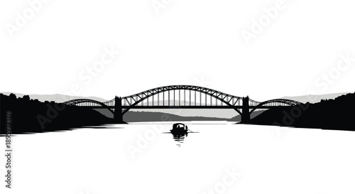 Steel arch bridge over river with boat silhouette vector