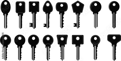 Collection of black key silhouettes showing different shapes and cuts, isolated on white background, security access, locksmith concepts, flat vector icon set