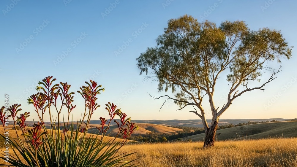 Obraz premium Australian Rural Landscape with Native Flora and Rolling Hills at Golden Hour